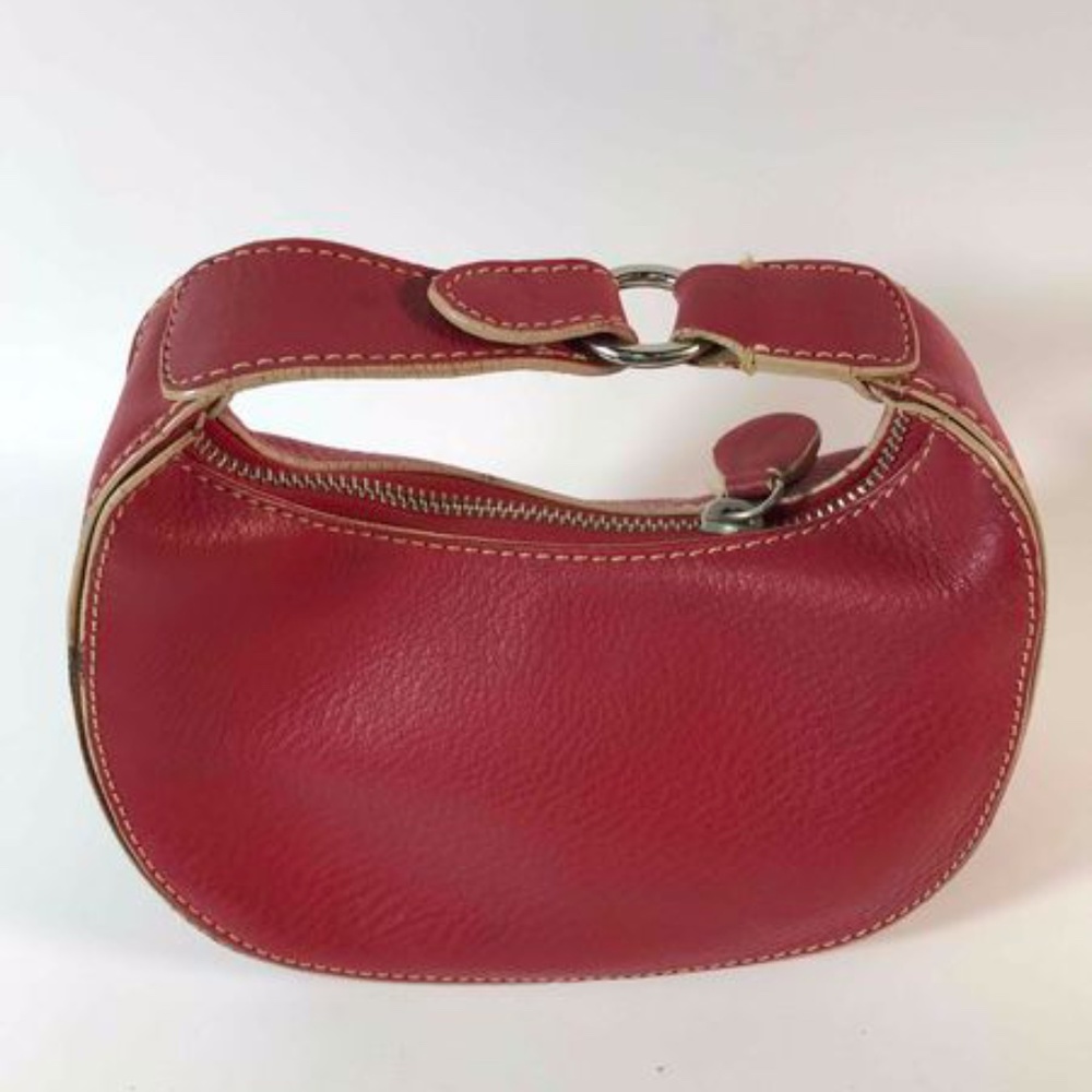 Cole Haan Clutch Mini Saddle Bag Leather Red Snap Open Metal Ring Strap Zipper